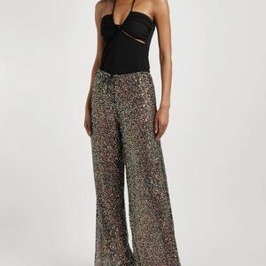 Oseree Black Wide-Leg Sequin Pants with Multicolor Sparkle